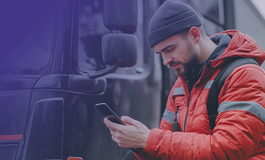 Lkw-Fahrer checkt Smartphone vor LKW