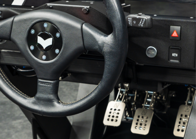 Abbildung des Lenkrads und Cockpits des Simulators